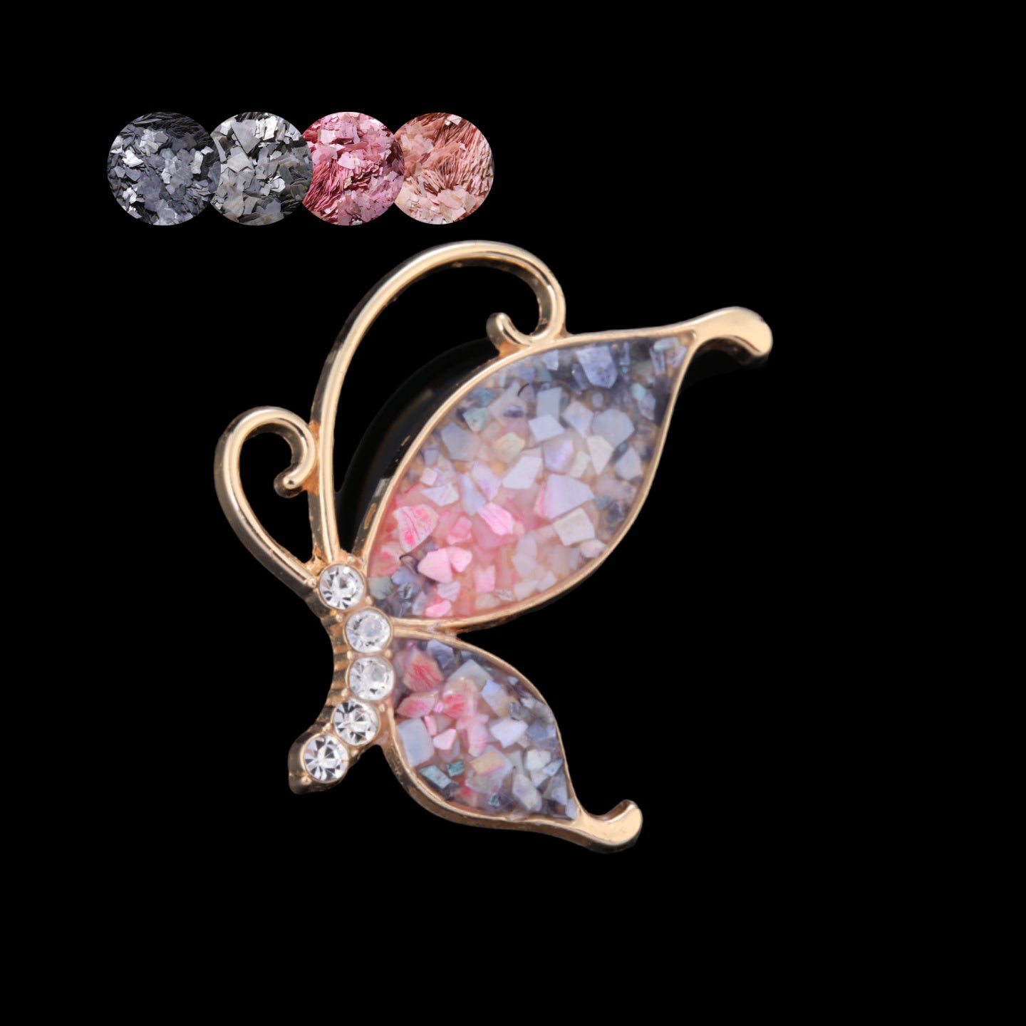 mother of pearl,nacre shell brooch＆Butterfly brooch with pink-purple wings on black