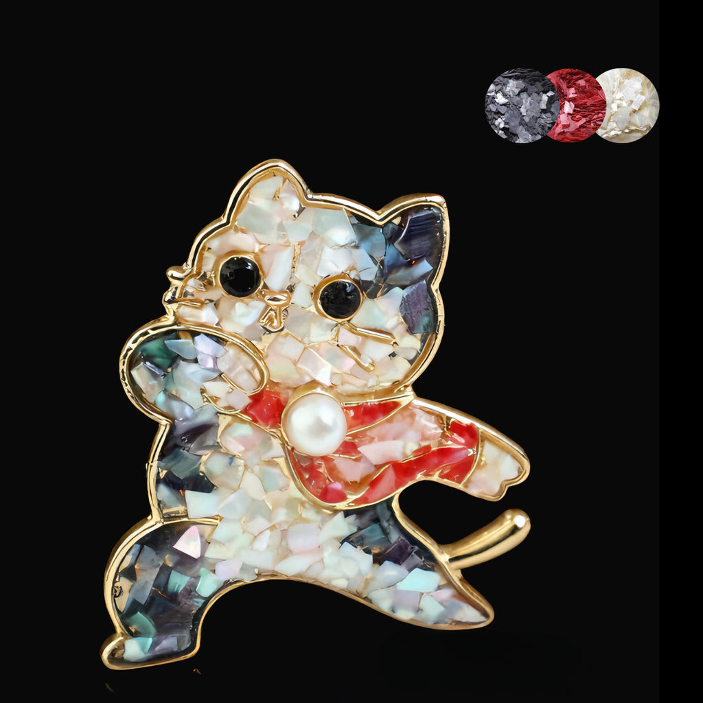 Mother of Pearl Dancing Cat Brooch with Iridescent Shell Mosaic and Red Bow