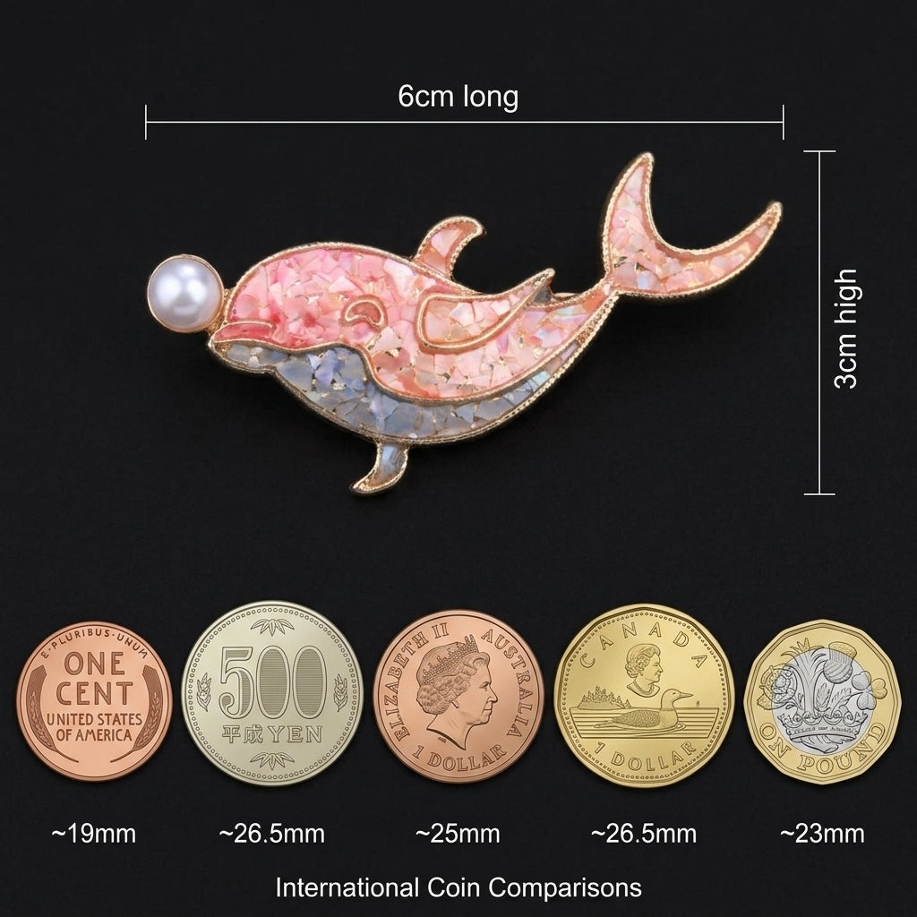 Dolphin Mother of Pearl Brooch | Iridescent Pink-Blue Gradient | Handcrafted Shell Inlay with Pearl Accent