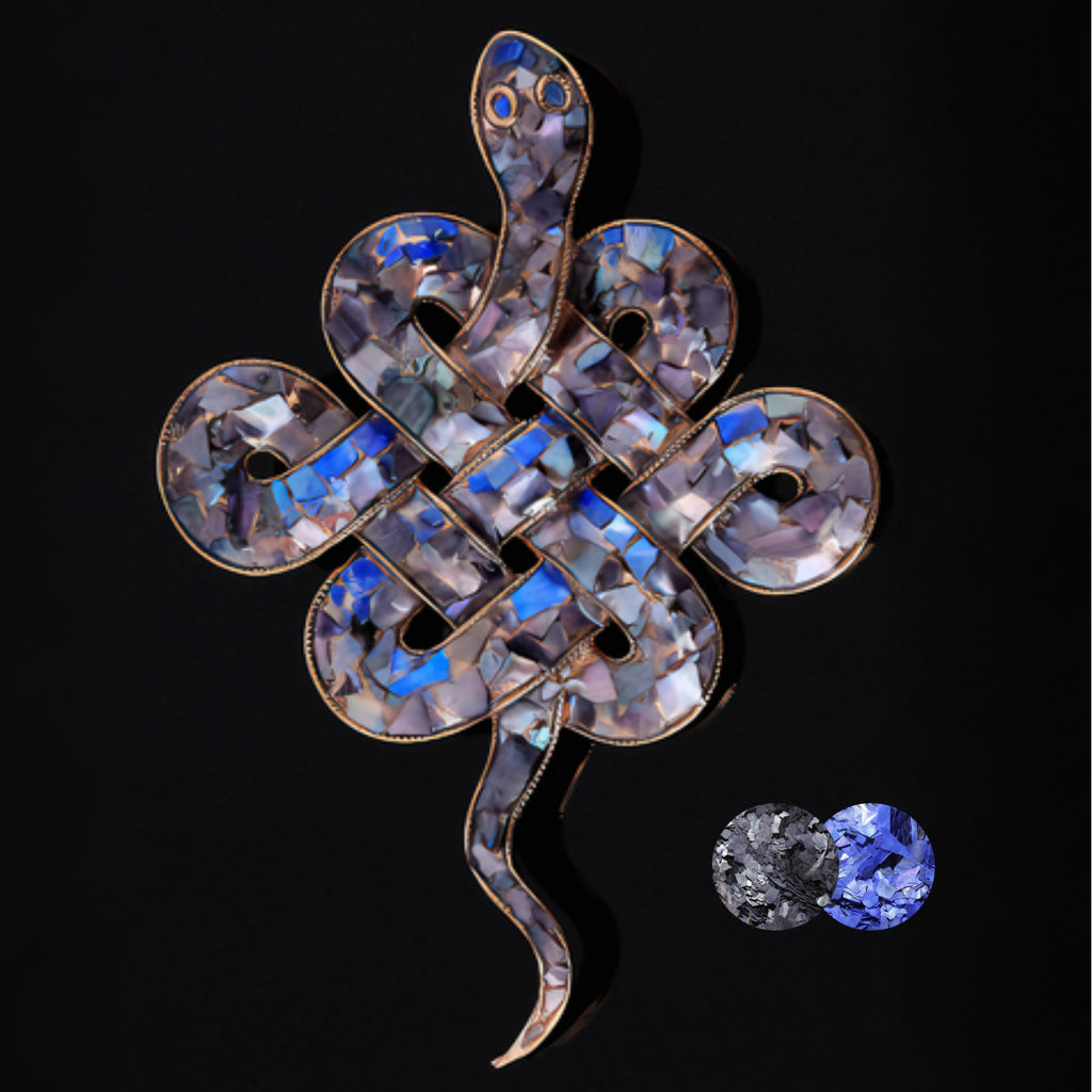 mother of pearl,nacre shell brooch＆Double Snake Celtic Knot brooch with blue-purple tone