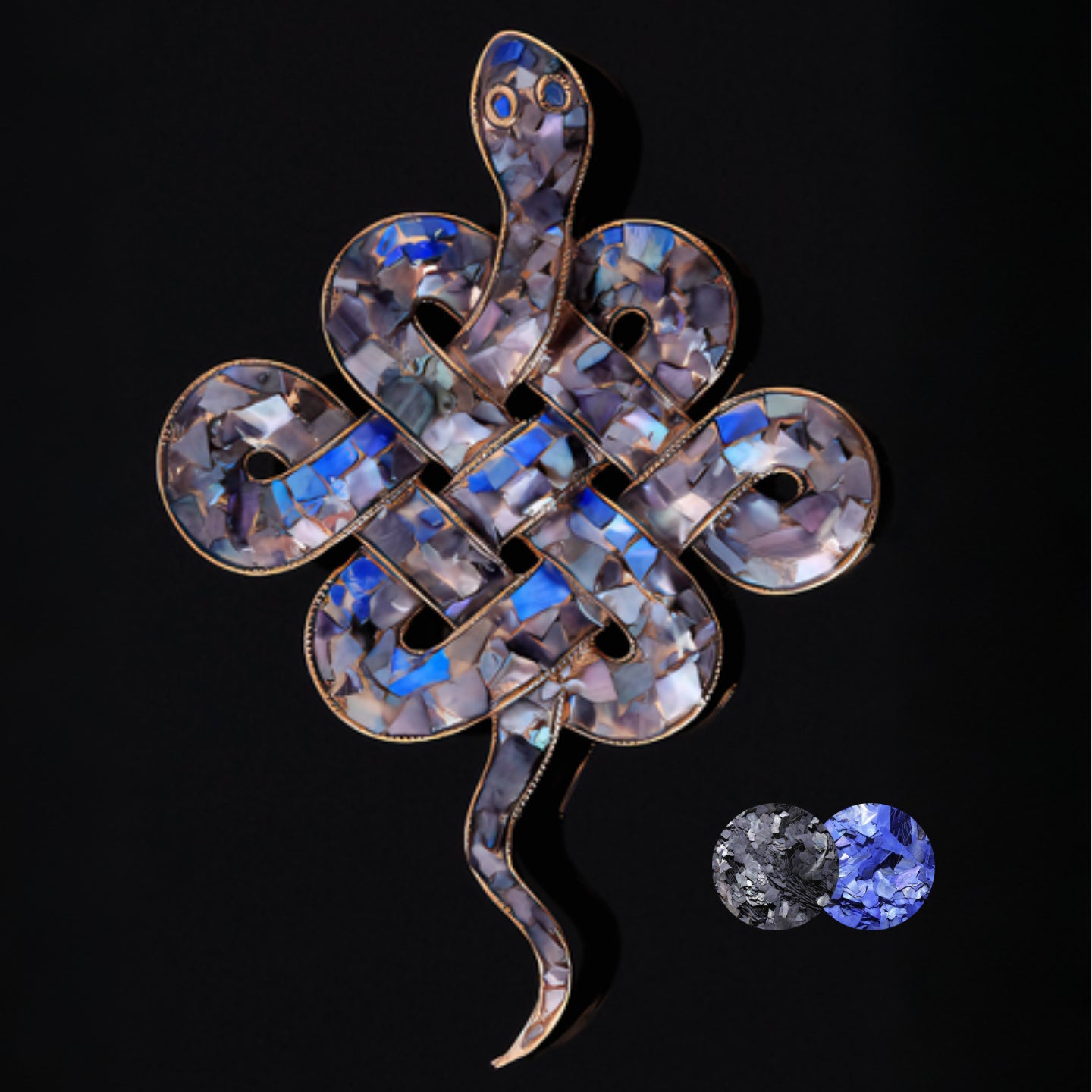 mother of pearl,nacre shell brooch＆Double Snake Celtic Knot brooch with blue-purple tone