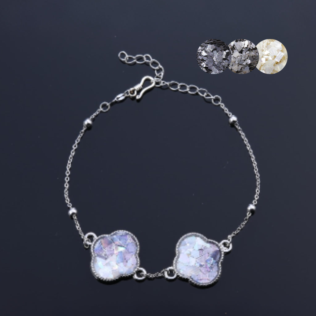 Double clover mother of pearl bracelet with iridescent shell inlay full display