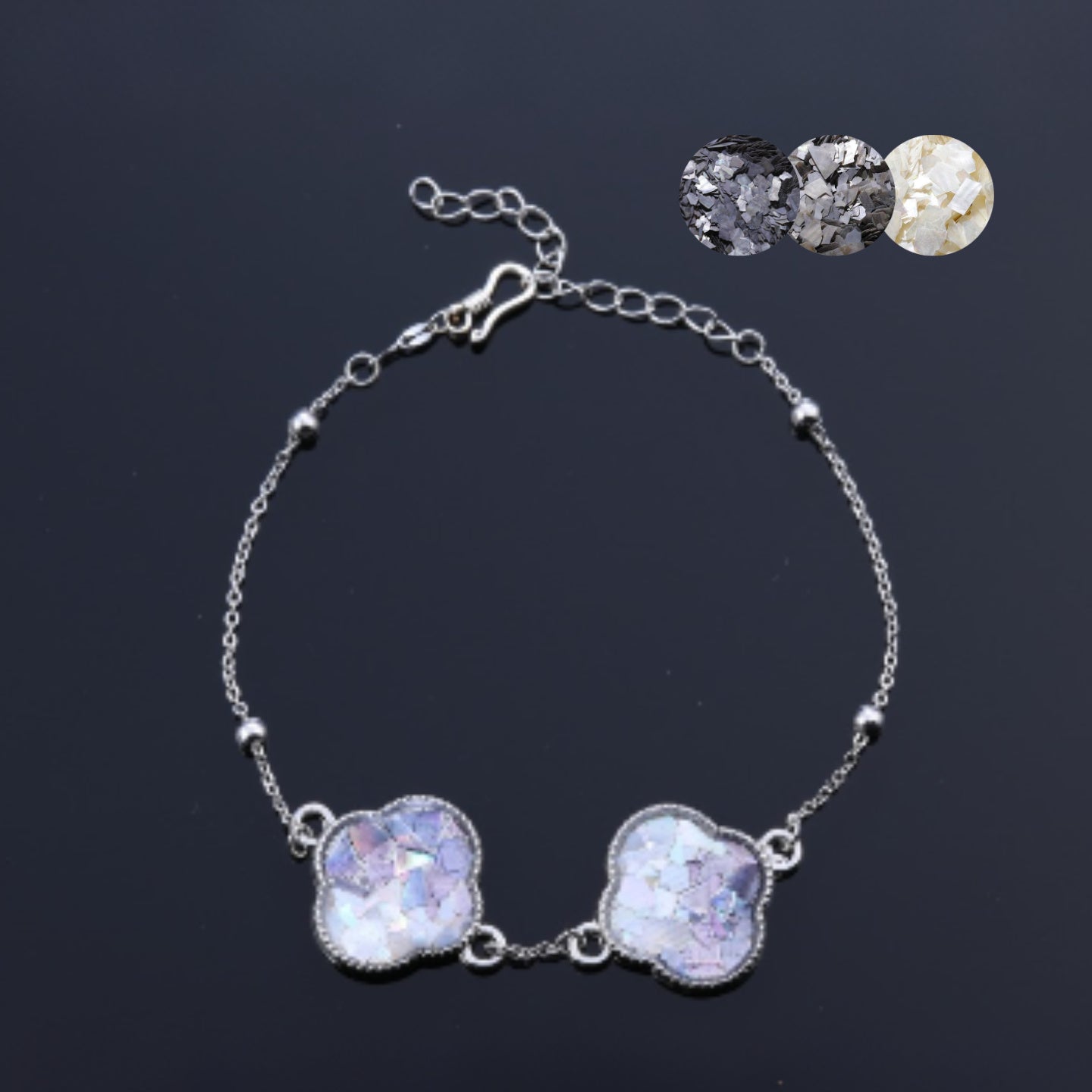 Double clover mother of pearl bracelet with iridescent shell inlay full display