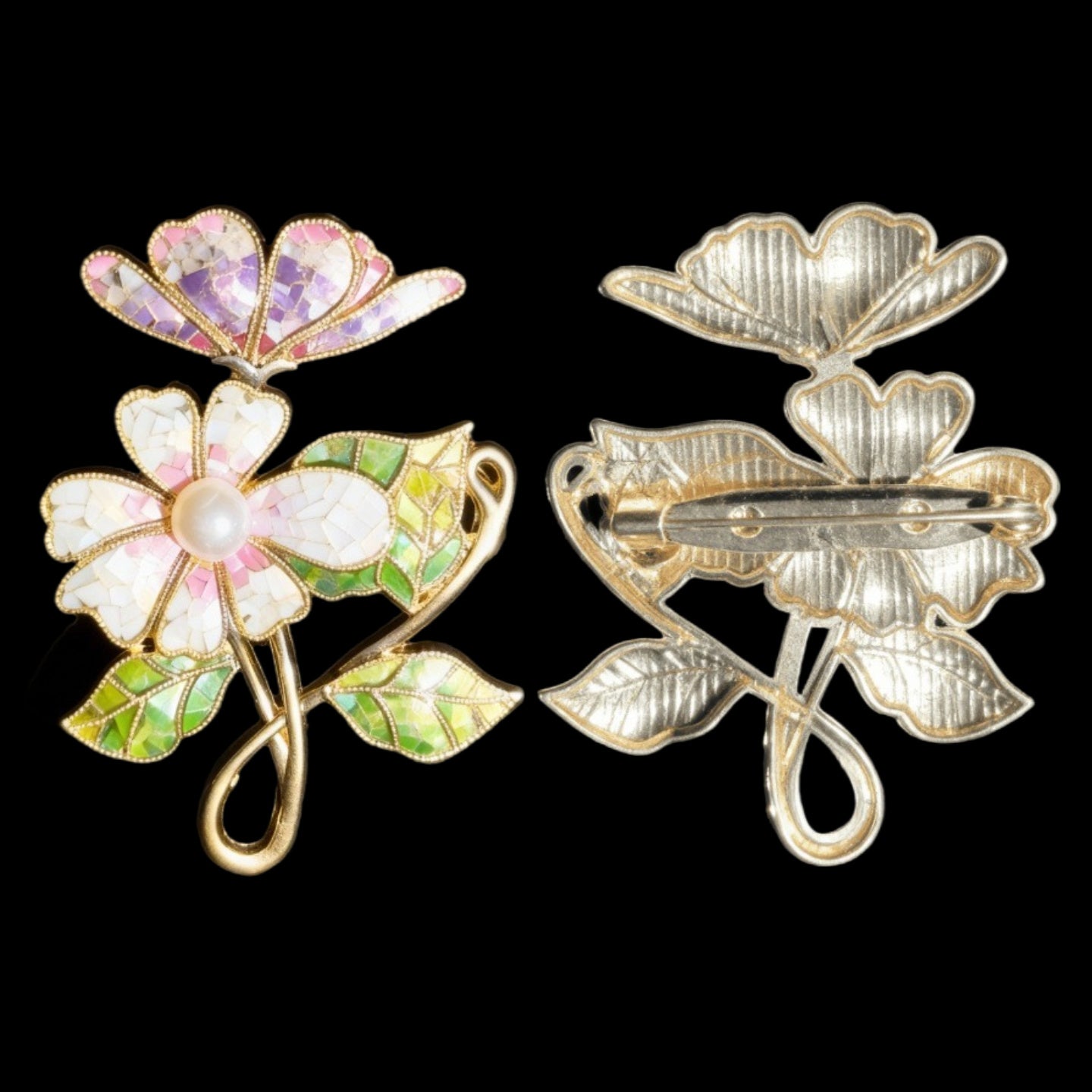 Close-Up of Hand-Cut Shell Fragments on Gold-Plated Brooch