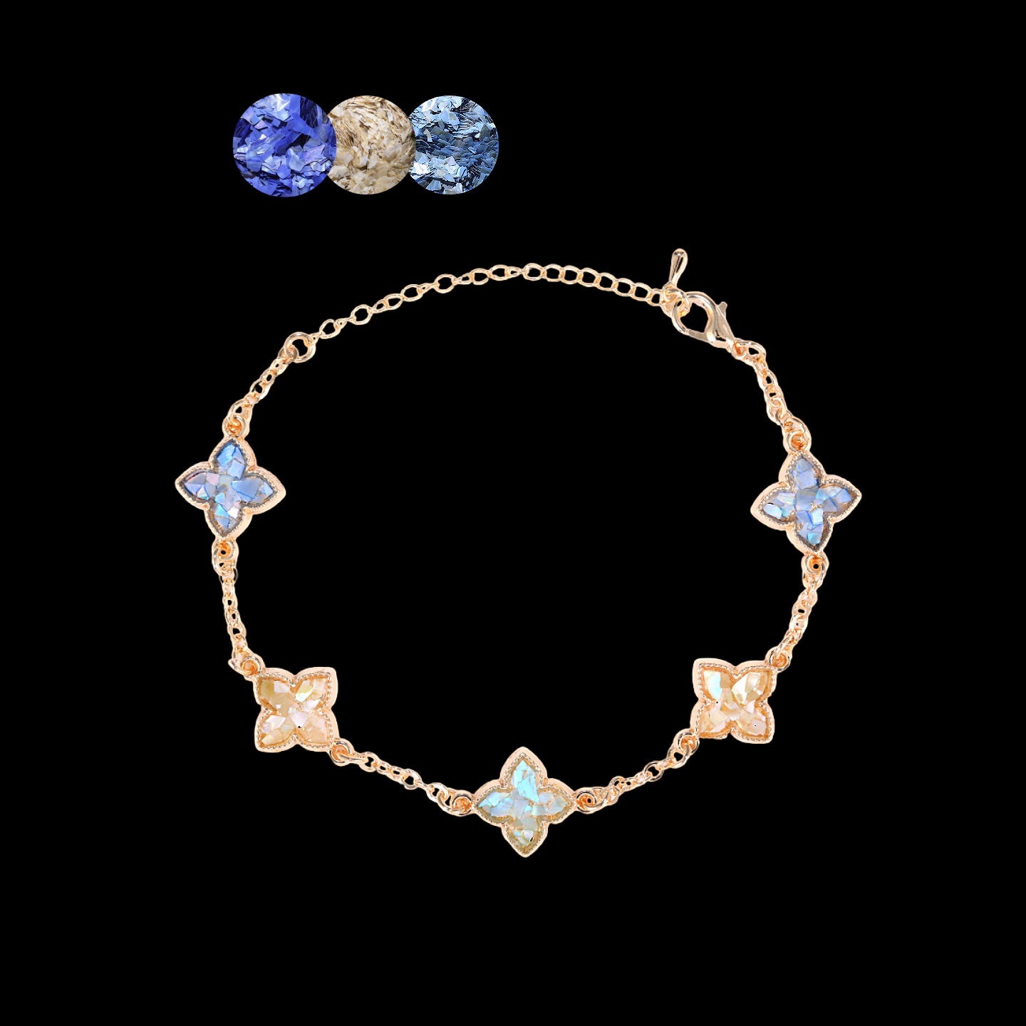 Iridescent Mother of Pearl Bracelet with Four-Petal Flower Links