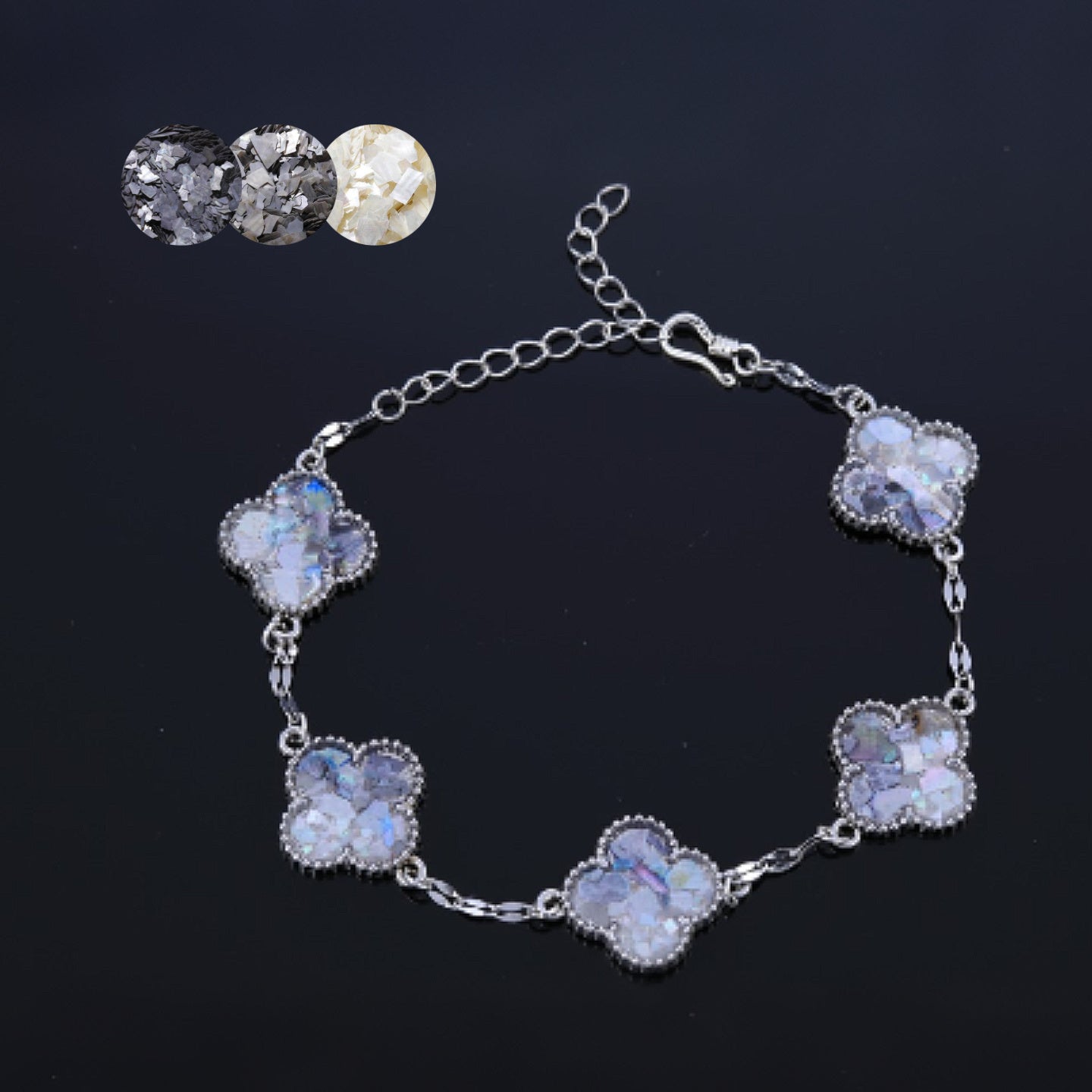  Main Image: Clover mother of pearl bracelet with iridescent accents on black background  