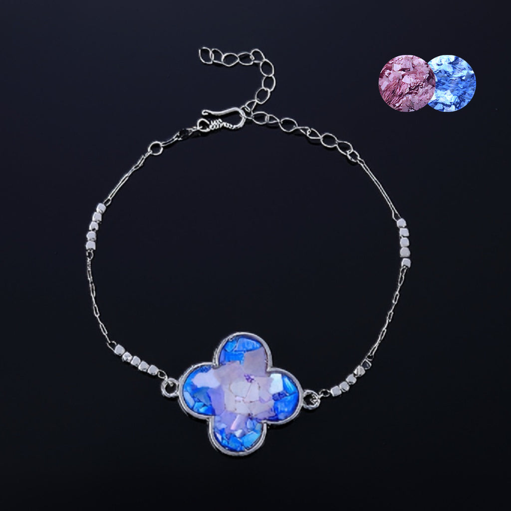 Handmade mother-of-pearl clover bracelet with gradient blue purple shell inlay  