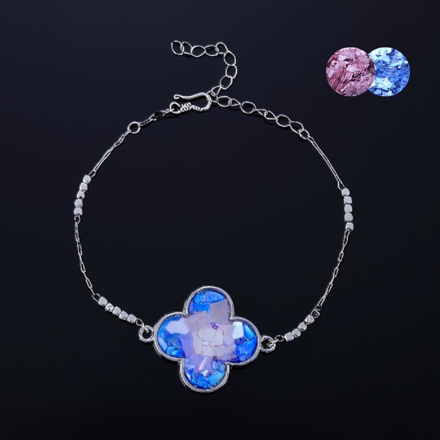 Handmade mother-of-pearl clover bracelet with gradient blue purple shell inlay  