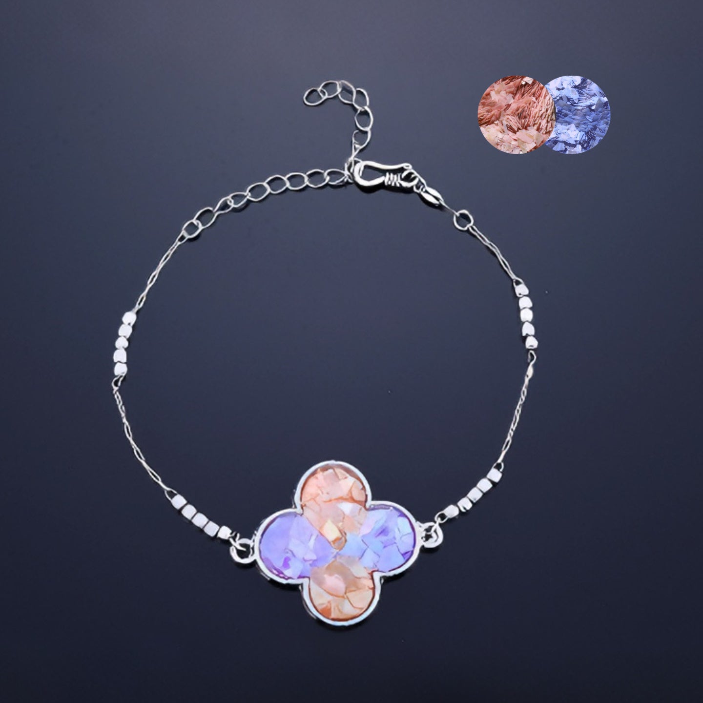 Handmade mother-of-pearl clover bracelet with gradient blue purple shell inlay  