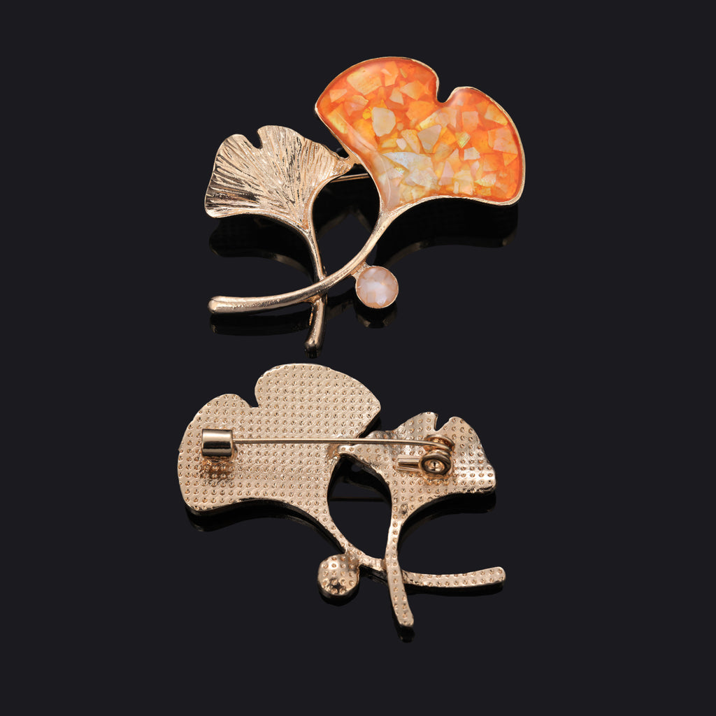 Elegant Double Ginkgo Leaf Brooch in Mother of Pearl Nacre | Handcrafted Artisan Nature-Inspired Jewelry