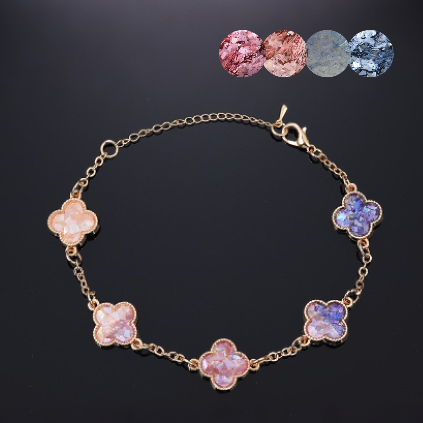  Handmade Gradient Mother of Pearl Clover Bracelet on black background—gold-toned with peach to purple inlay  