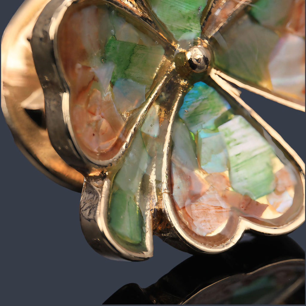 Iridescent mosaic mother of pearl fragments on clover cufflink  