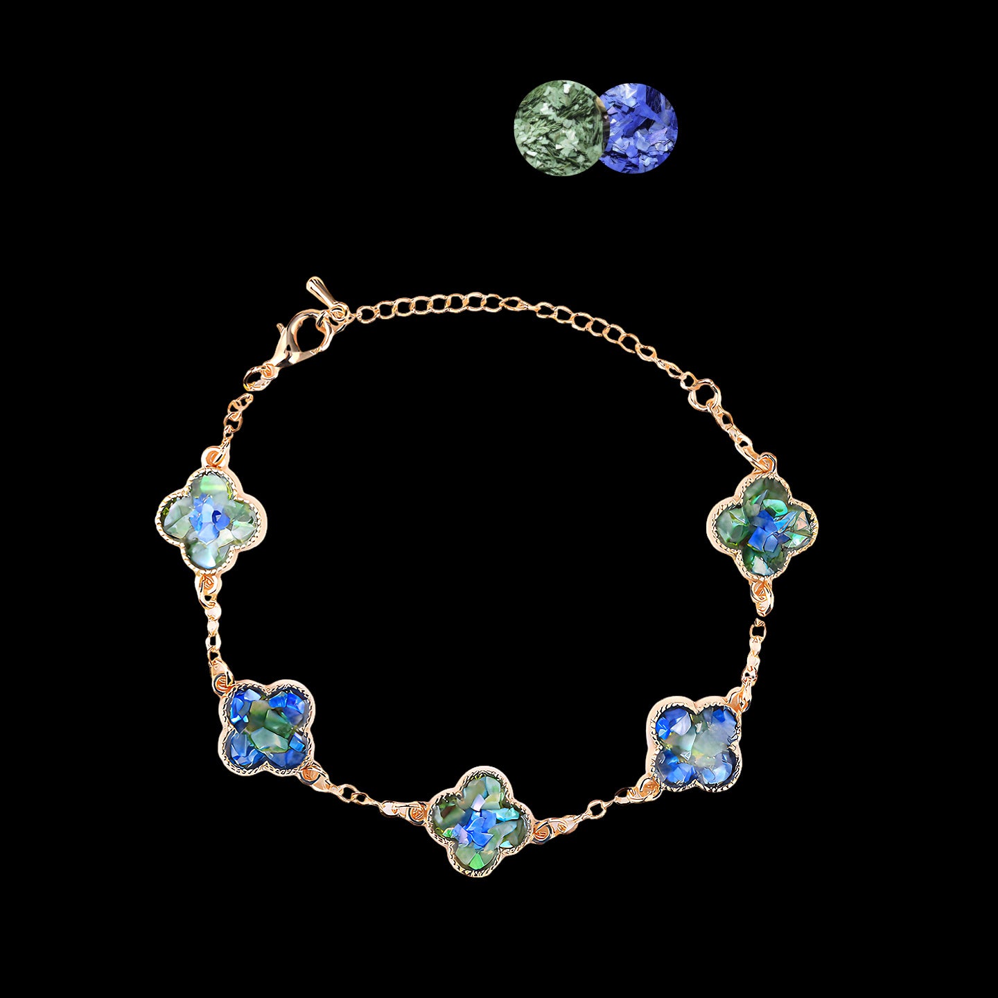  Iridescent mother of pearl clover bracelet (gold-tone metal) on black background  