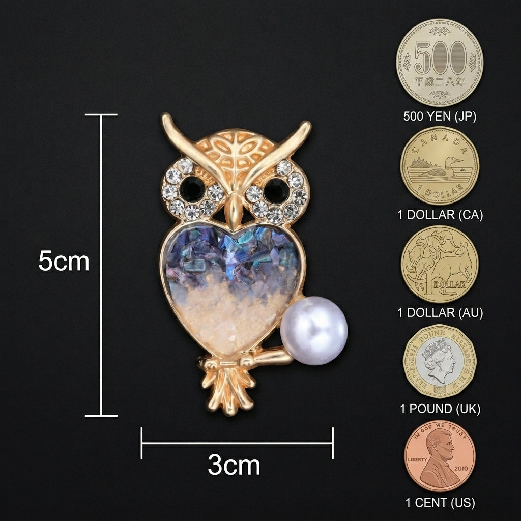 Elegant Owl Heart Brooch in Mother of Pearl Nacre | Handcrafted Unique Iridescent Artisan Jewelry