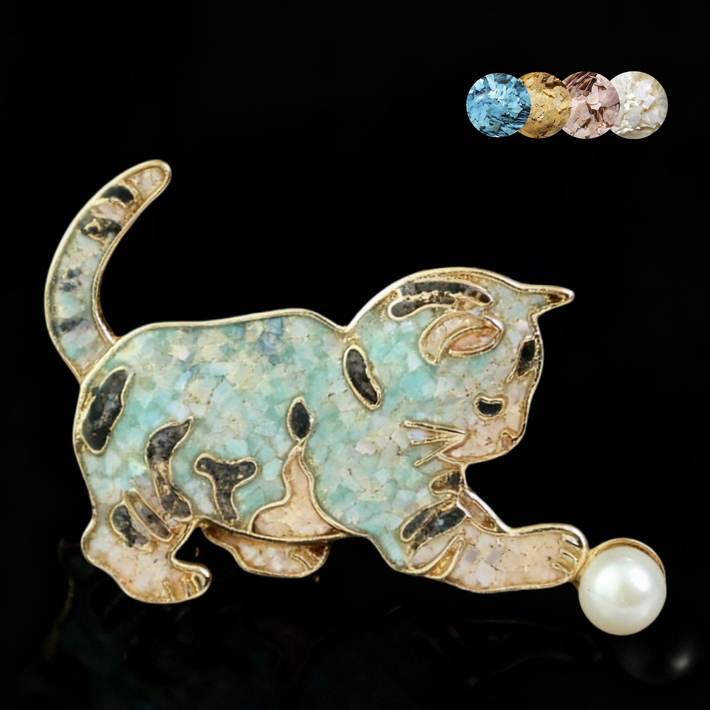 Mother of Pearl Cat Brooch, nacre shell brooch with blue tone