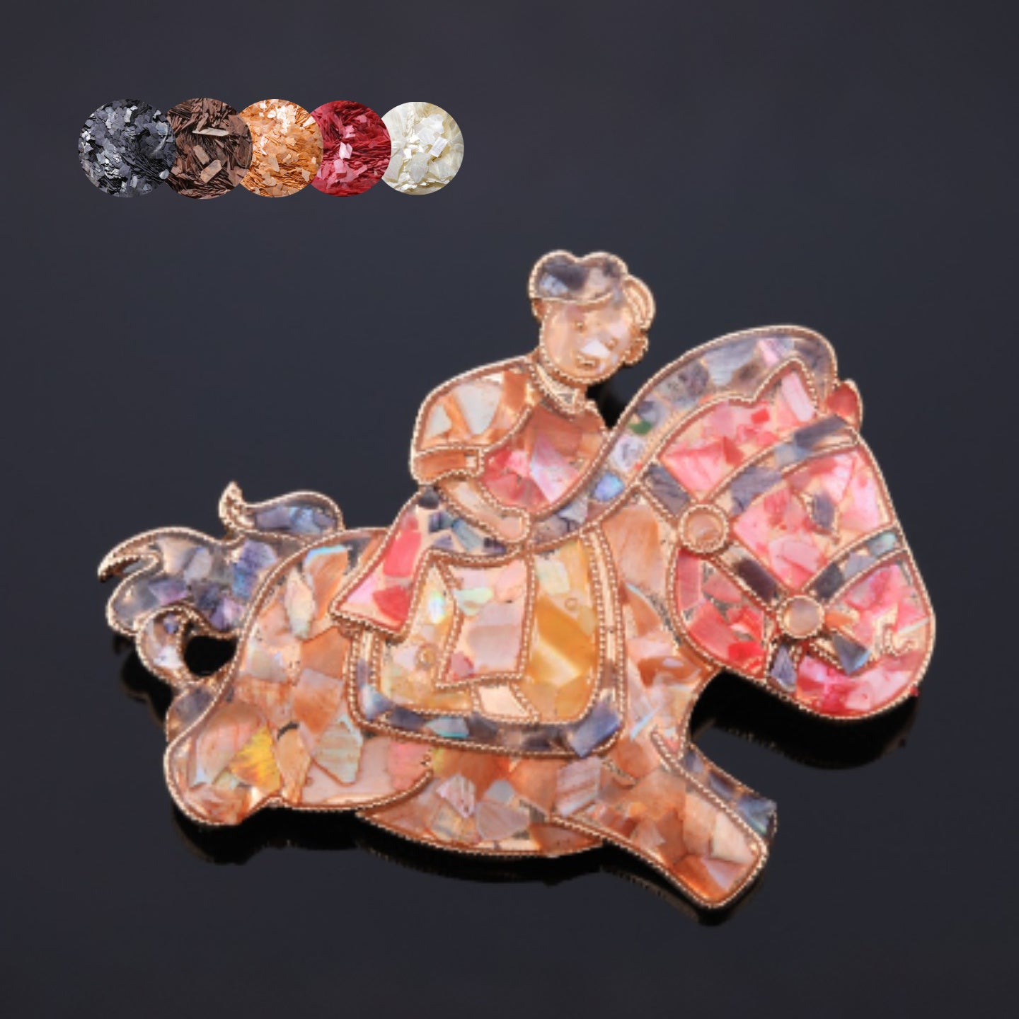 mother of pearl,nacre shell brooch＆Rocking Horse brooch with rose-red base