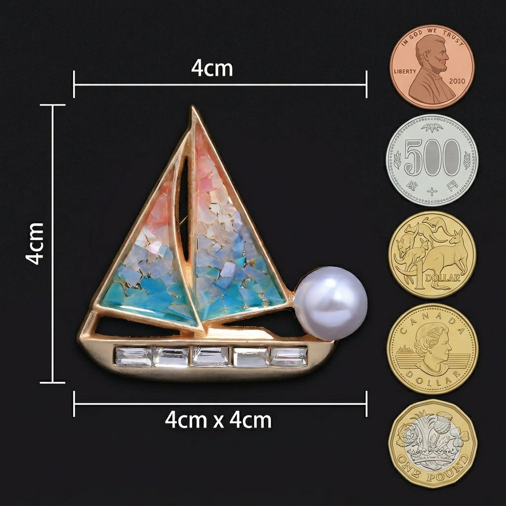 Mother of Pearl Sailboat Brooch | Gradient Abalone Shell Inlay | Handcrafted Enamel Pin with Pearl Accent