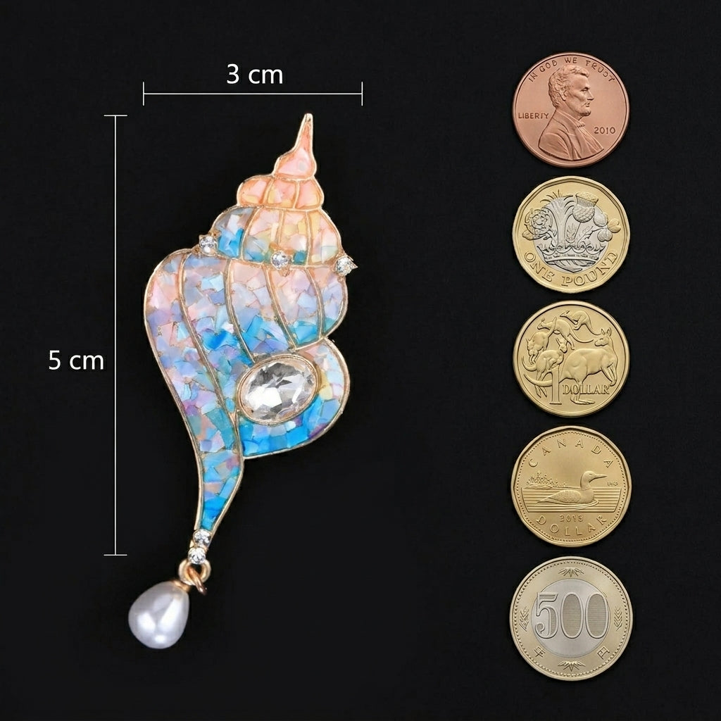Handmade Mother of Pearl Conch Brooch - Gradient Shell Inlay with Crystal & Pearl Pendant