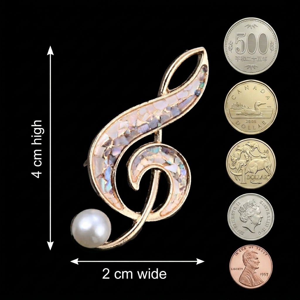 Handmade Mother-of-Pearl Treble Clef Brooch | Iridescent Shell Inlay | Pearl Accent Jewelry