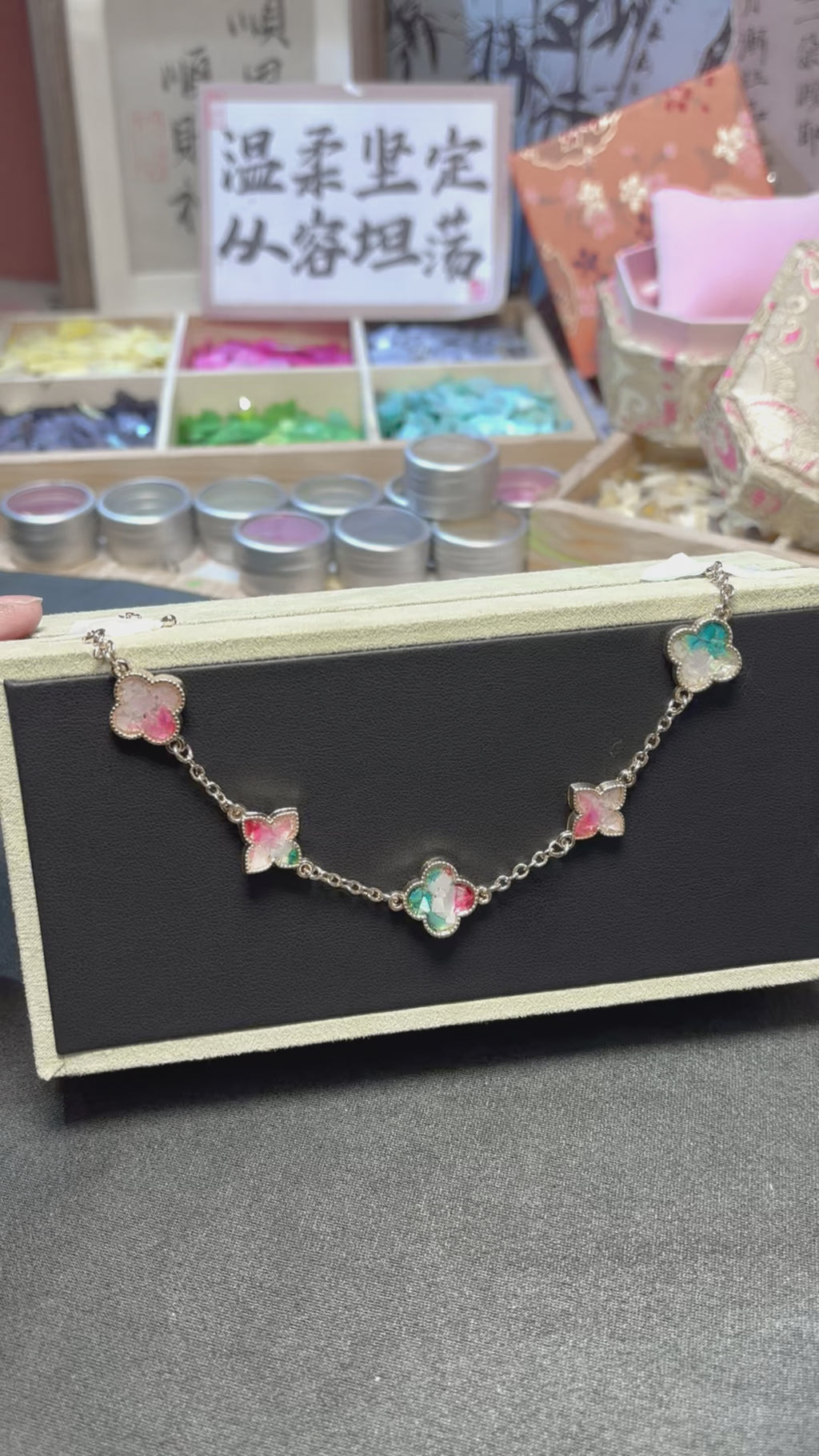 Elegant Four Leaf Clover Bracelet in Mother of Pearl Nacre | Handcrafted Iridescent Artisan Jewelry