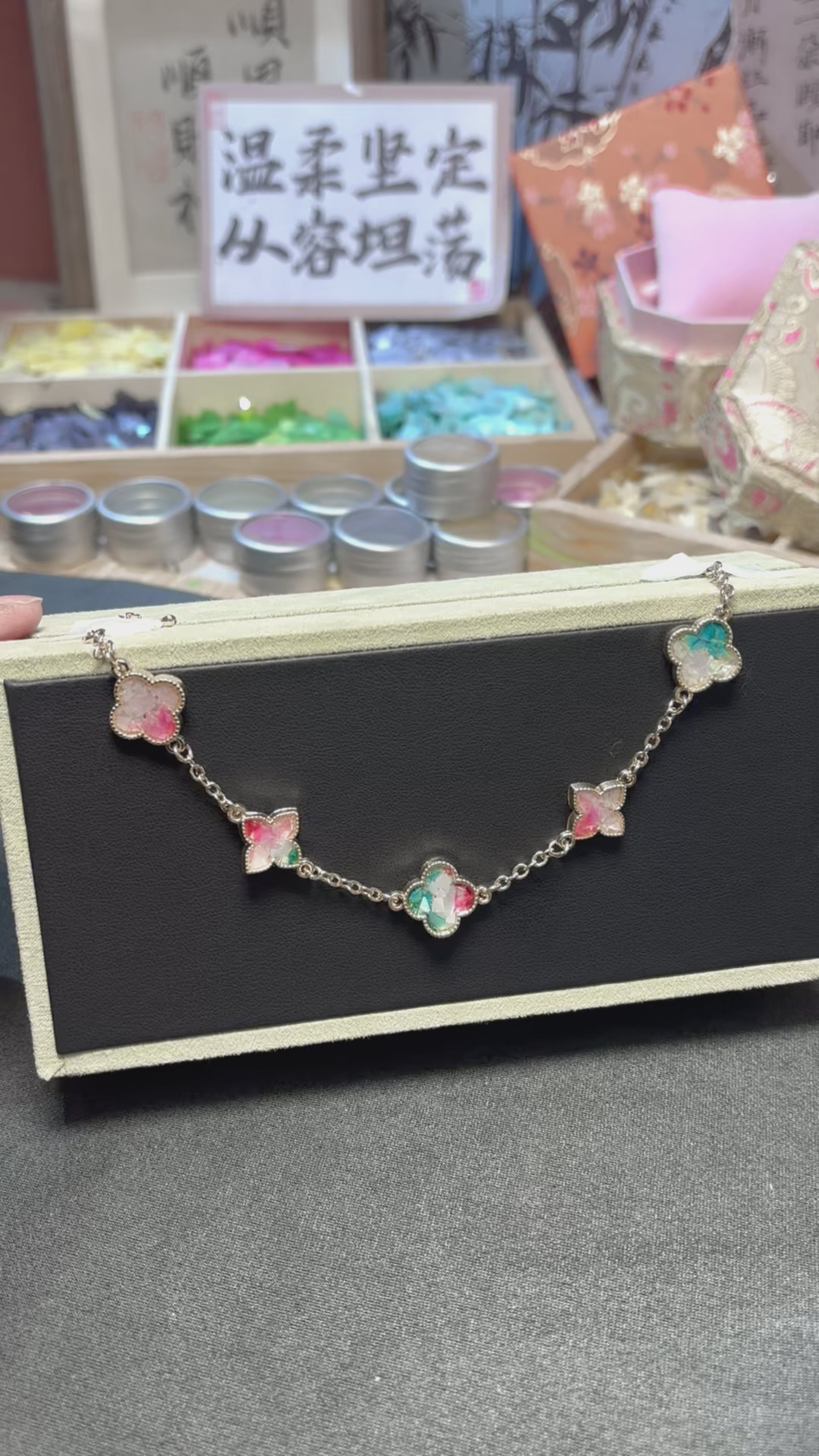 Elegant Four Leaf Clover Bracelet in Mother of Pearl Nacre | Handcrafted Iridescent Artisan Jewelry