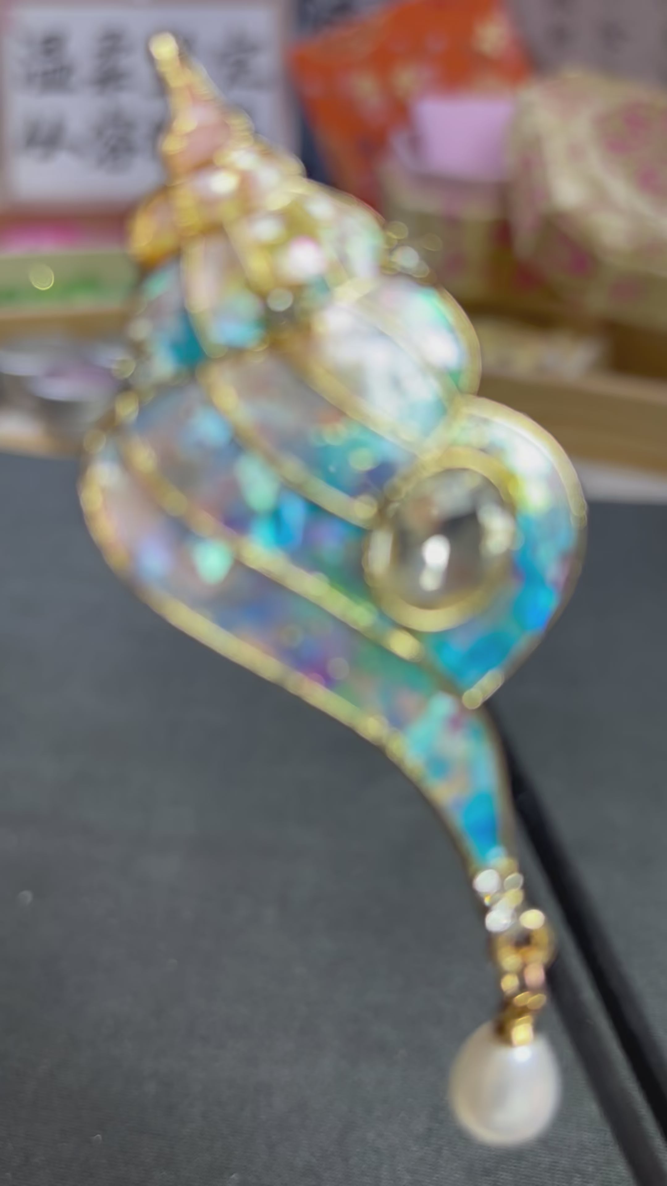 Handmade Mother of Pearl Conch Brooch - Gradient Shell Inlay with Crystal & Pearl Pendant
